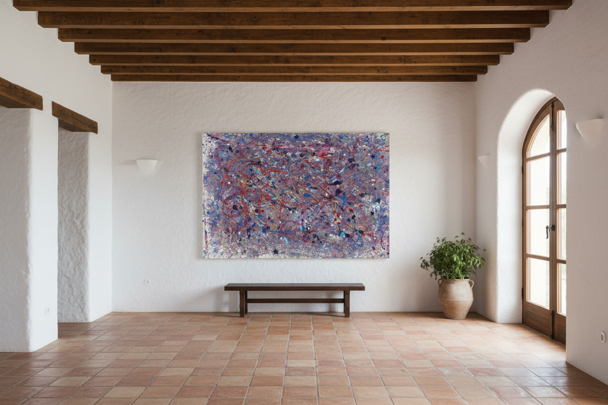Modern interior with a colorful abstract painting on a white wall, wooden bench, and large window.