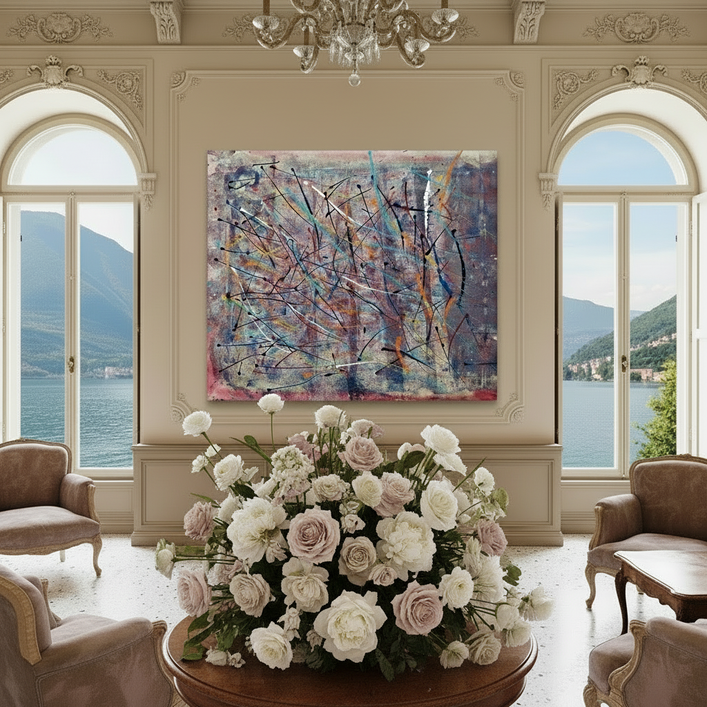 Decorative interior with flowers on a table, abstract painting on the wall, and large windows with scenic view.