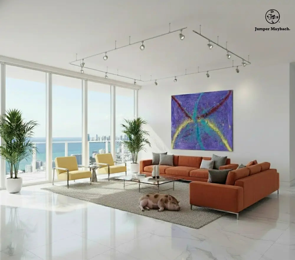 Modern living room with orange sectional sofa, yellow chairs, and a colorful abstract painting.
