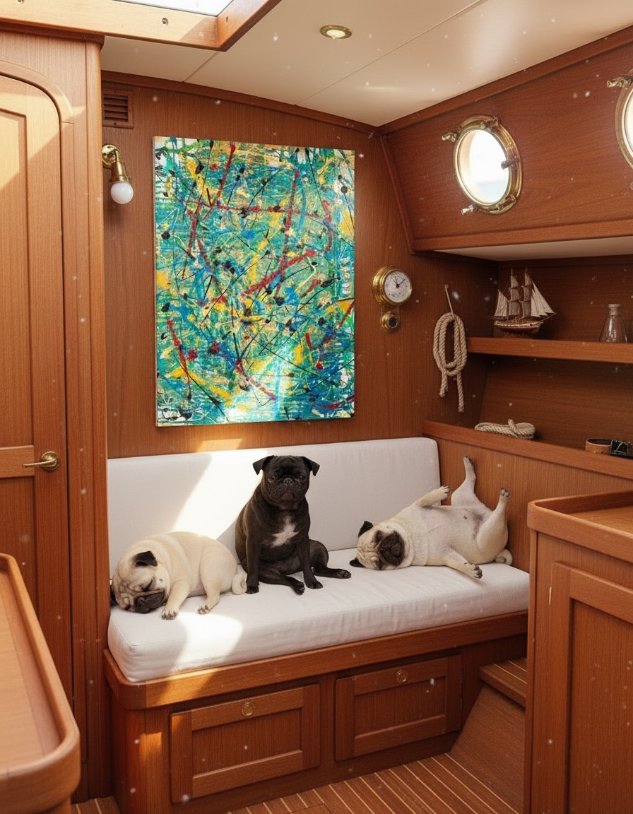 Three dogs lying on a couch in a boat cabin with a colorful painting on the wall.