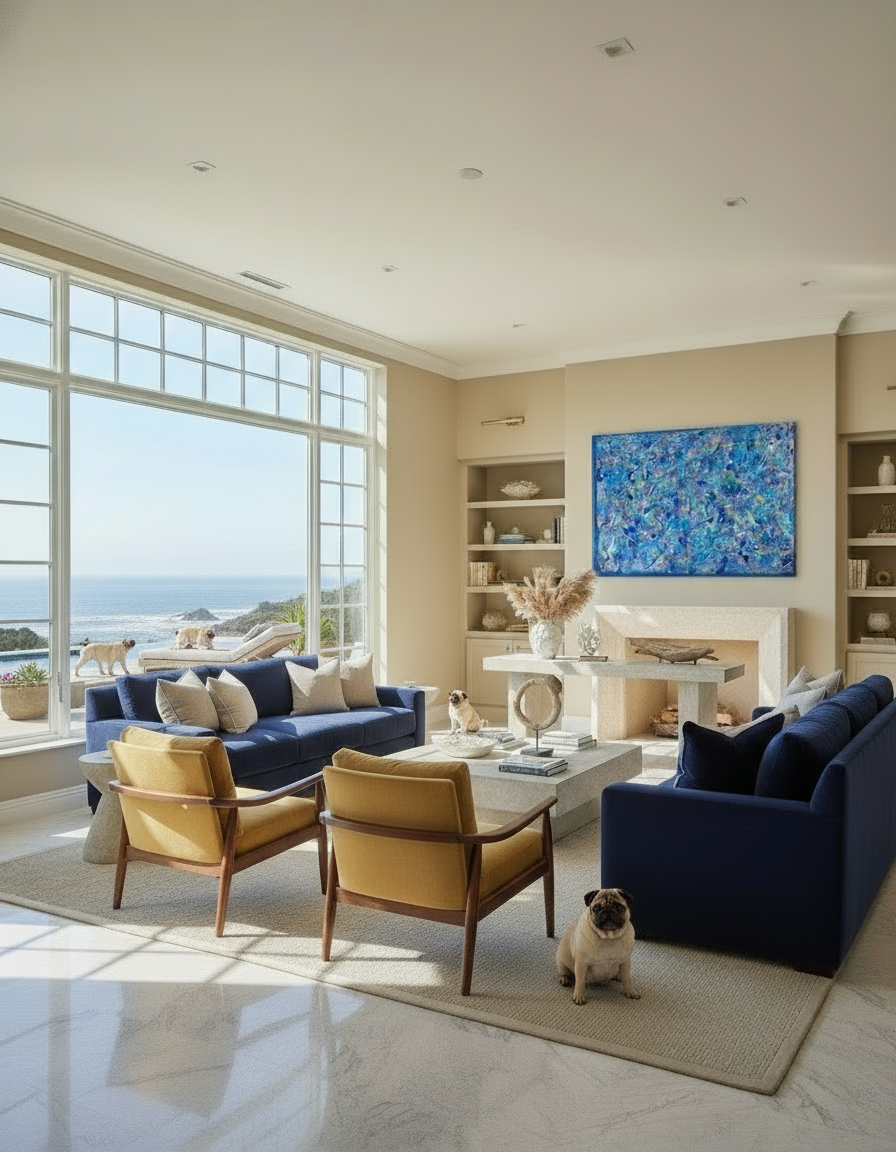 Modern living room with blue sofas, yellow chairs, and a dog sitting on the floor.