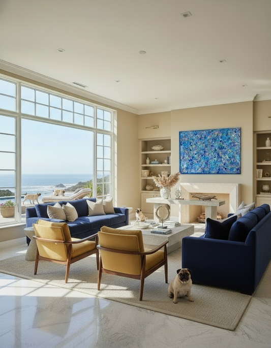 Modern living room with blue sofas, yellow chairs, and a dog sitting on the floor.