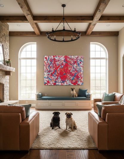 Living room with two dogs sitting on a rug, colorful abstract painting on the wall, and wooden beams.