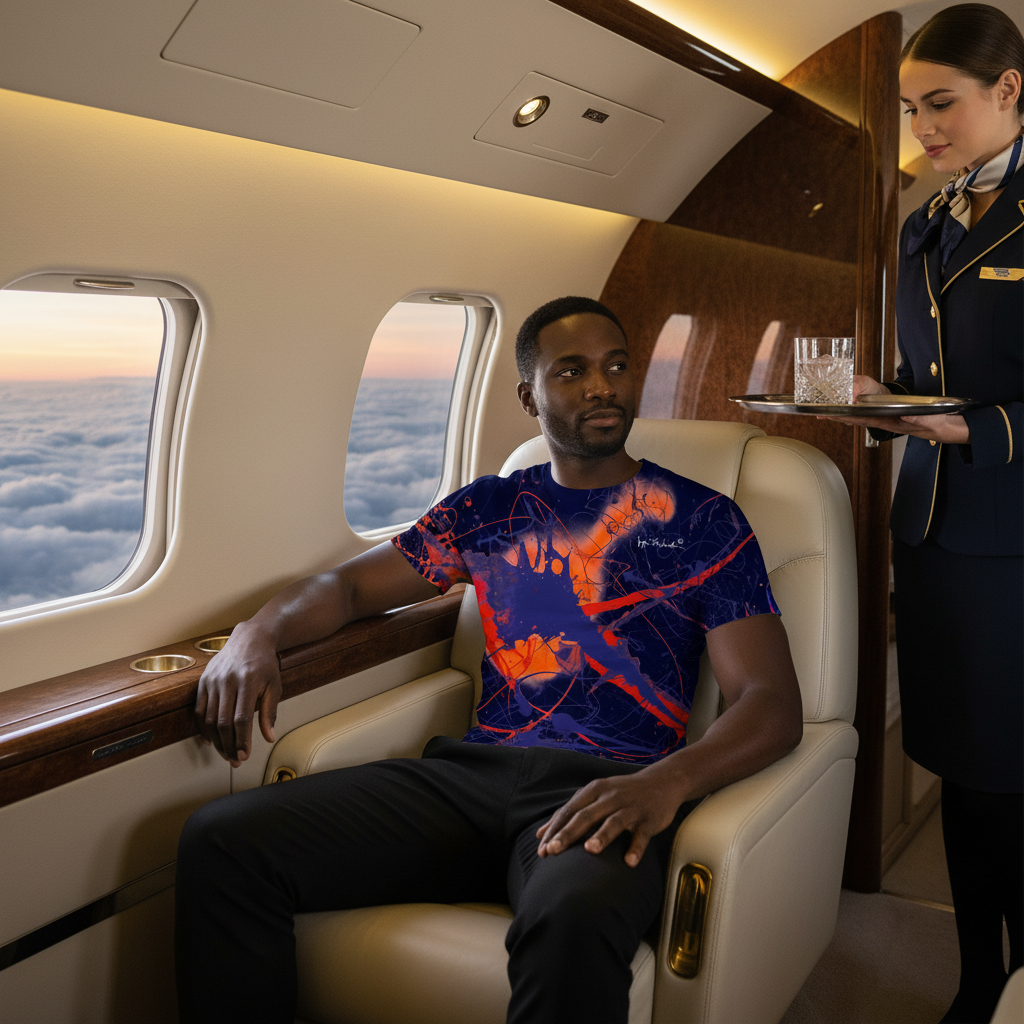 Man sitting in a luxurious airplane cabin with a flight attendant serving him.