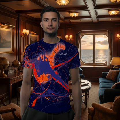 Man wearing a blue and orange abstract t-shirt in a luxurious room with ocean view