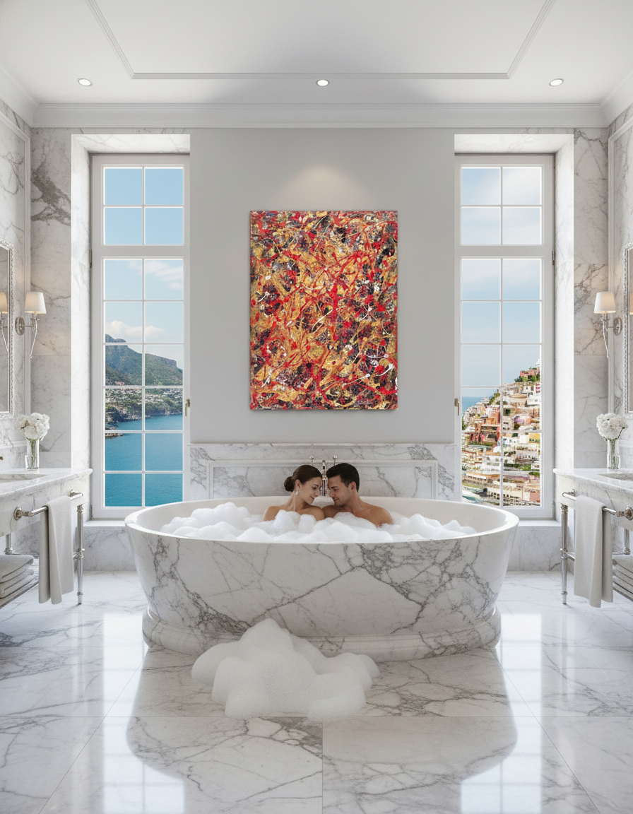 Two people in a marble bathtub with a colorful abstract painting on the wall.