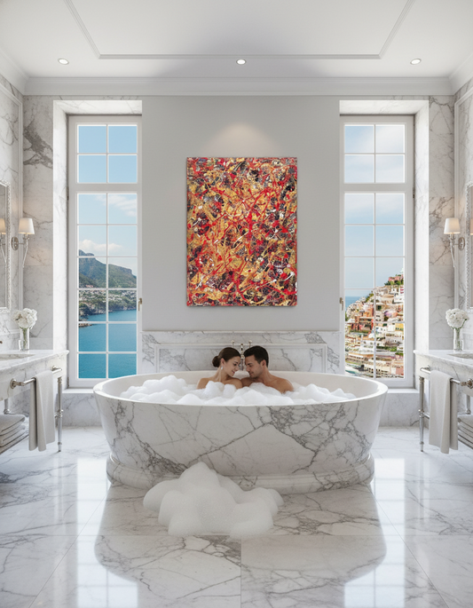 Two people in a marble bathtub with a colorful abstract painting on the wall.