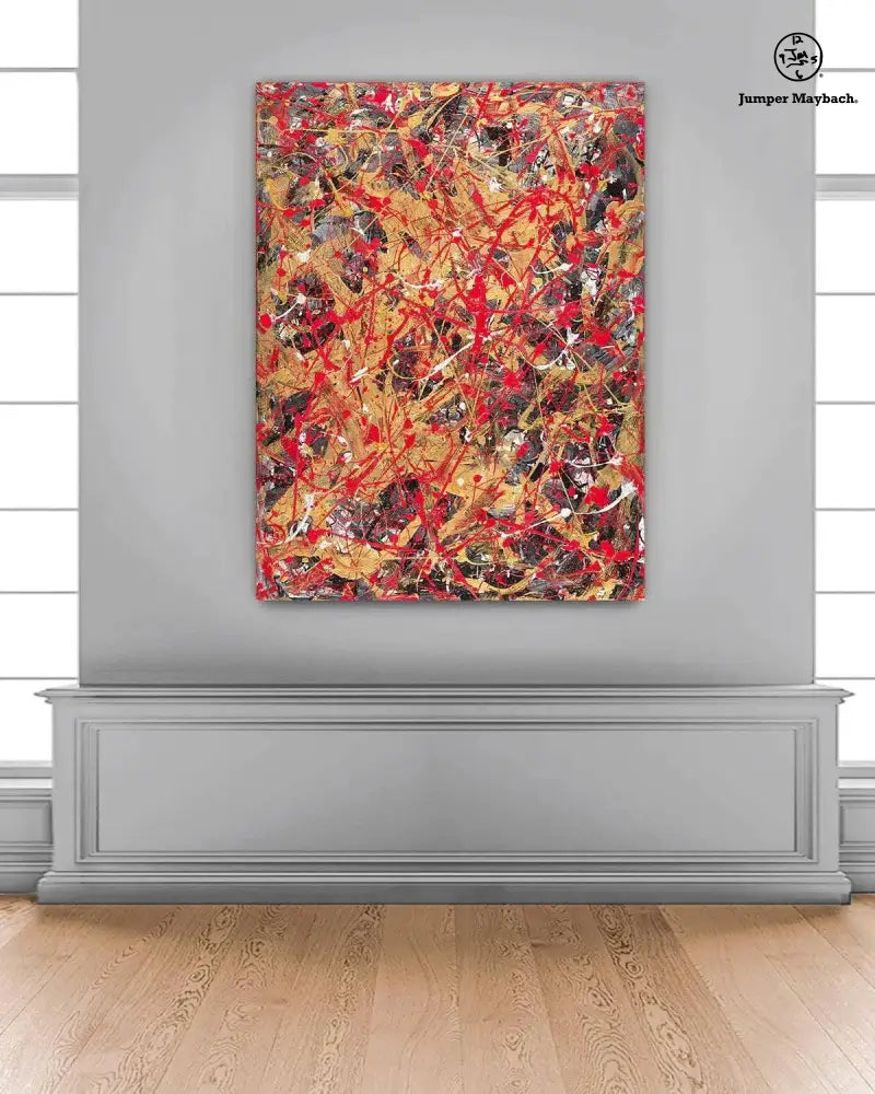Two people in a marble bathtub with a colorful abstract painting on the wall.