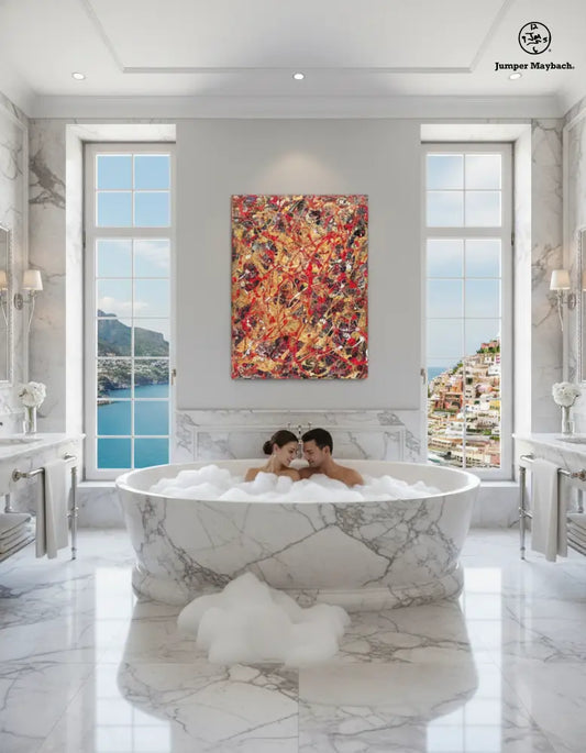 Two people in a marble bathtub with a colorful abstract painting on the wall.