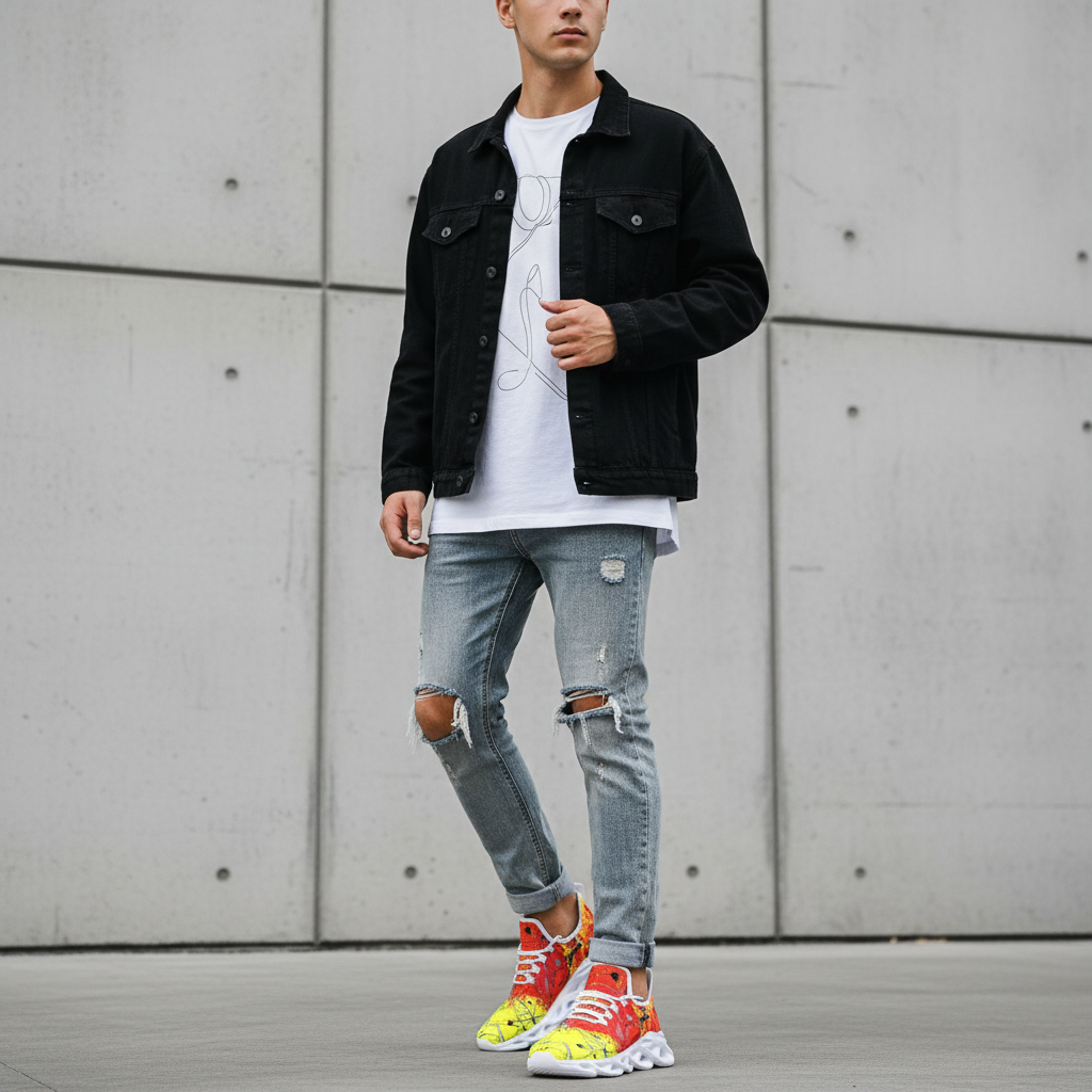 Person wearing a black denim jacket, white t-shirt, ripped jeans, and colorful sneakers against a gray wall.