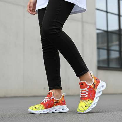 Colorful sneakers worn with black pants against a neutral background