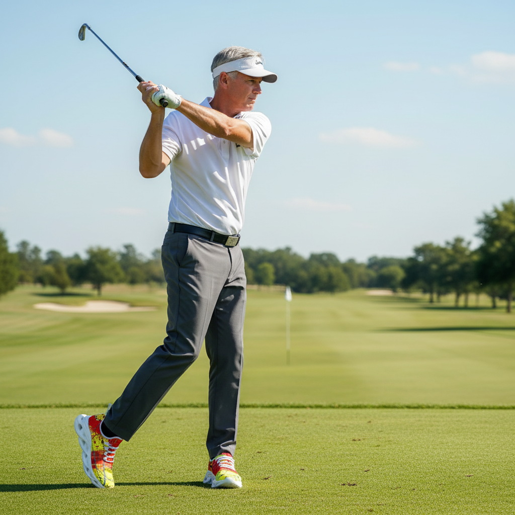 Golfer in action on a golf course with clear skies