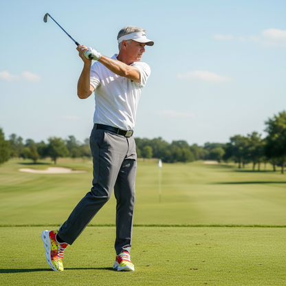 Golfer in action on a golf course with clear skies