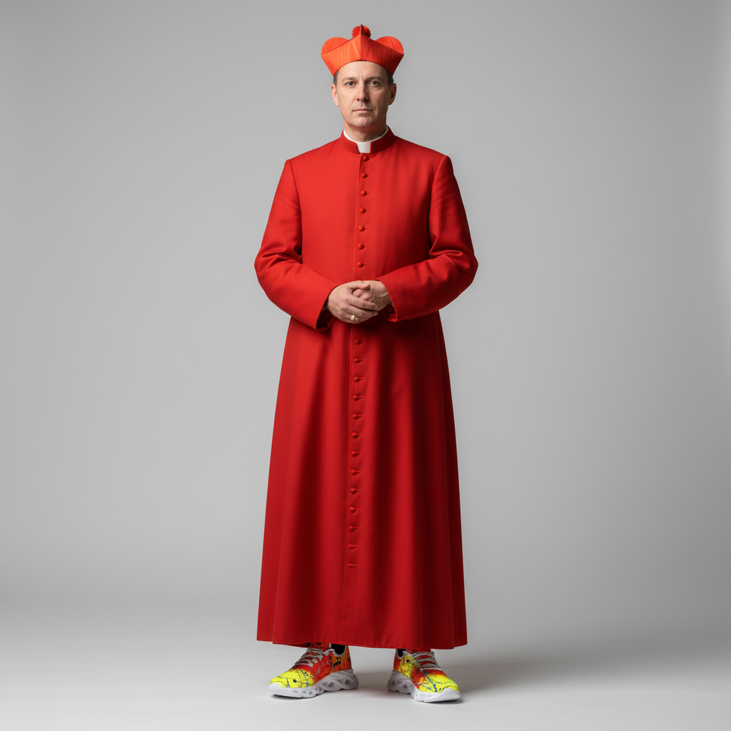 Person wearing a red cardinal robe and skull cap on a gray background