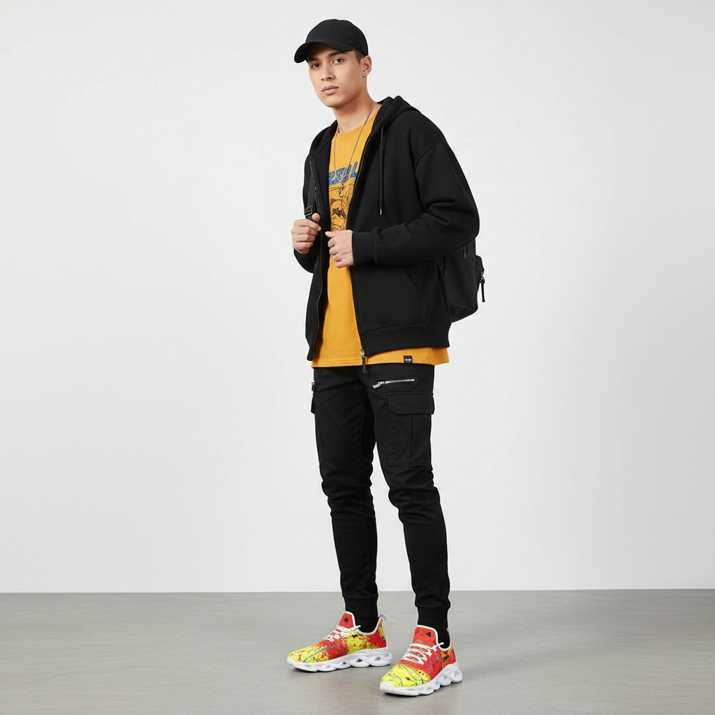 Person wearing a black hoodie, yellow shirt, black pants, and colorful sneakers on a light gray background
