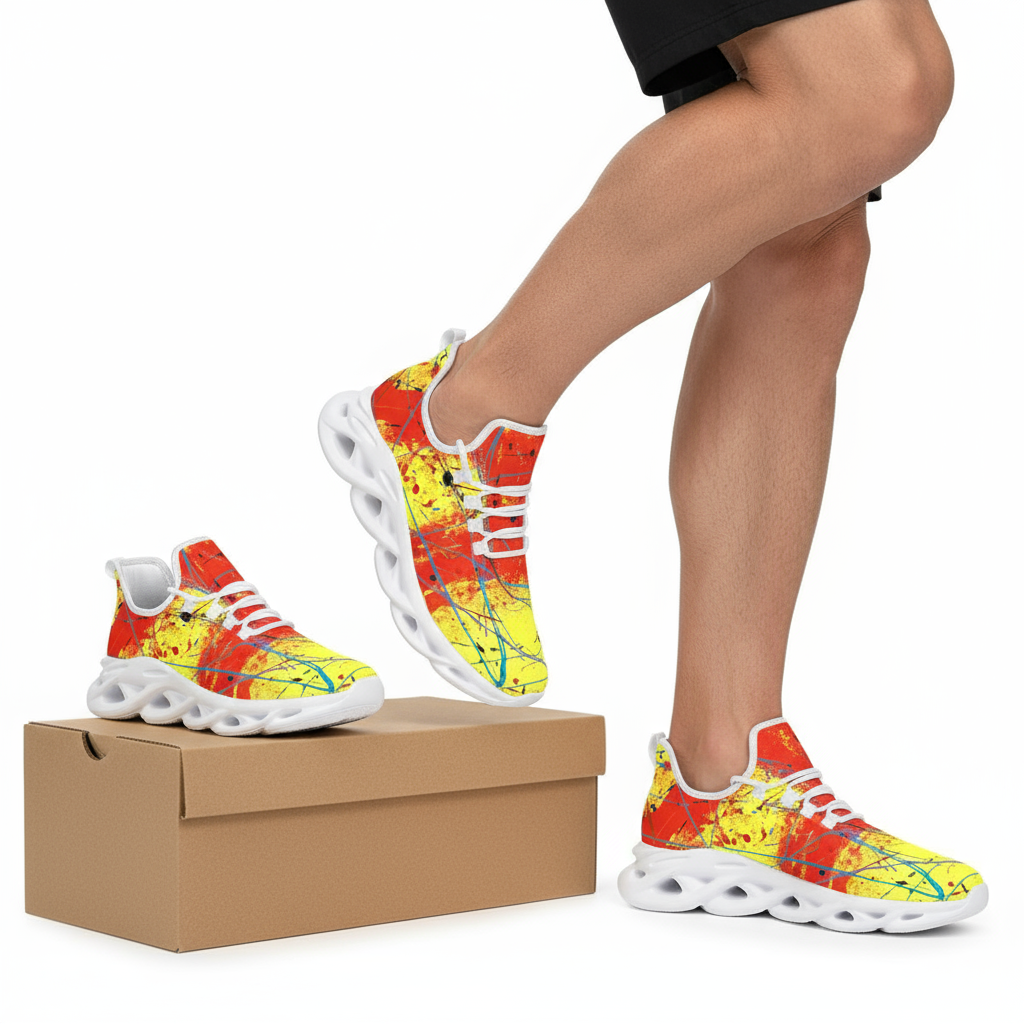 Colorful sneakers with a abstract design worn by a person, standing on a box.