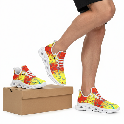 Colorful sneakers with a abstract design worn by a person, standing on a box.