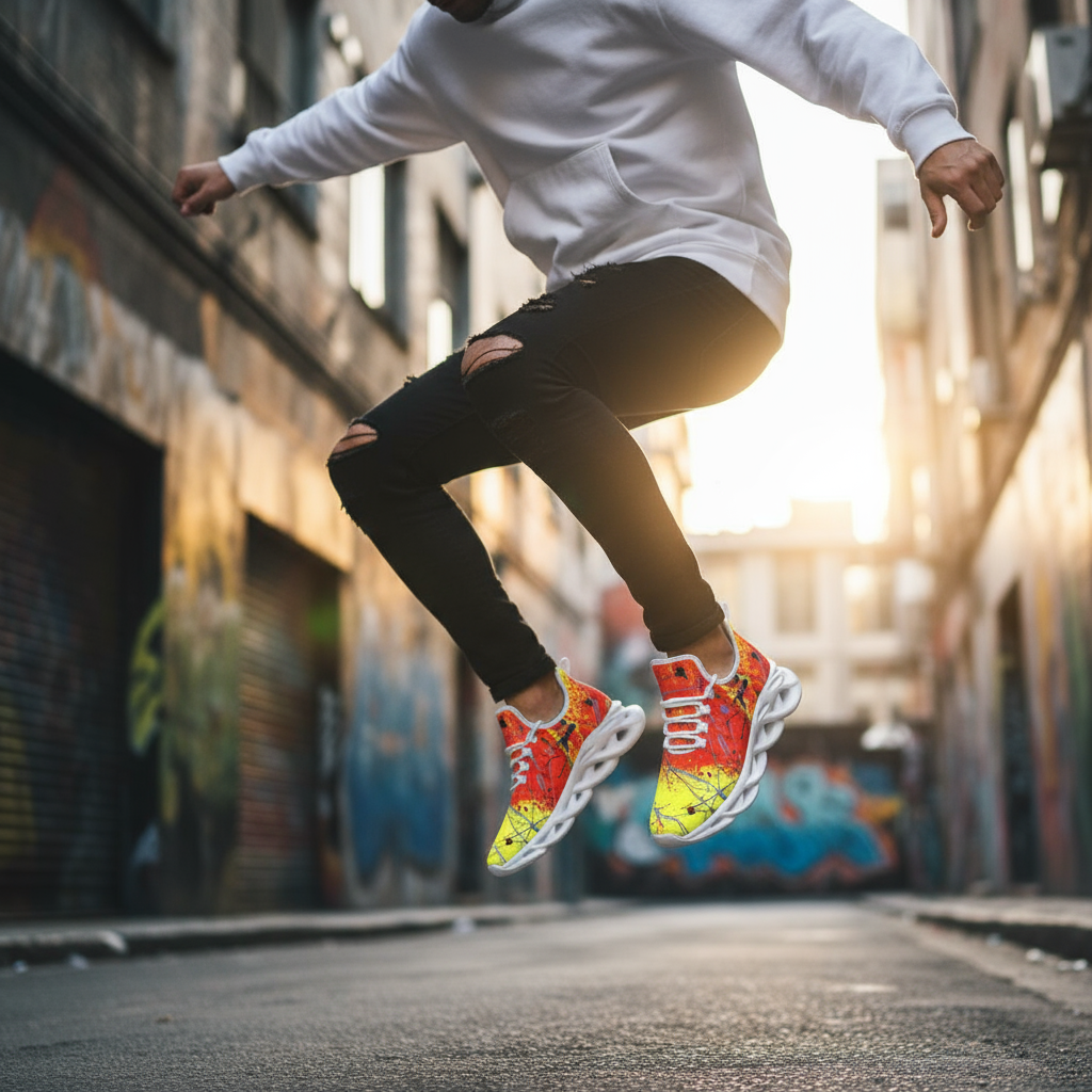 Person wearing colorful sneakers jumping in an urban setting with graffiti on walls.