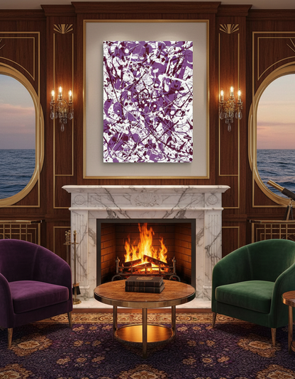 Living room with marble fireplace, purple and white abstract painting, and ocean view.