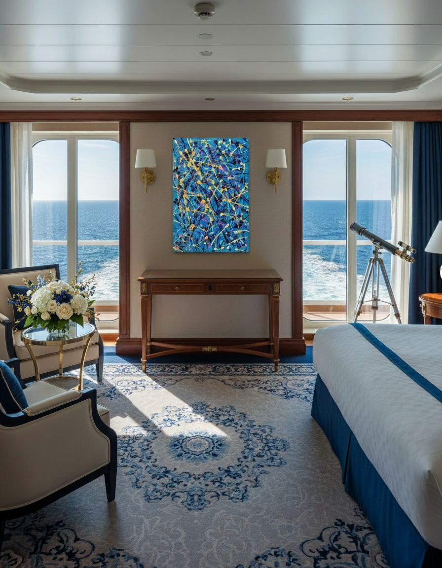 Luxury bedroom with ocean view, bed, chair, and decorative elements.