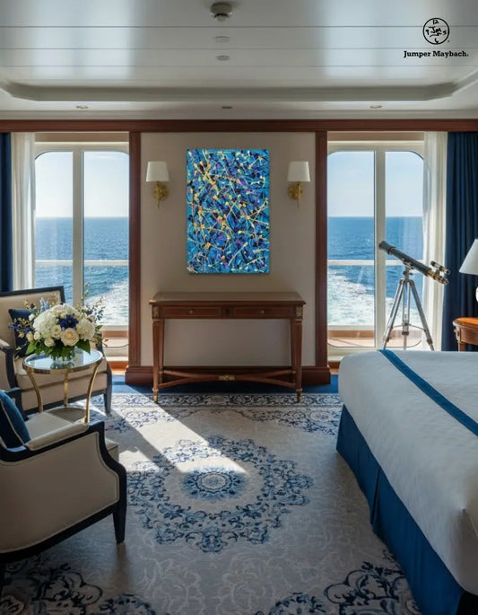 Luxury bedroom with ocean view, bed, chair, and decorative elements.