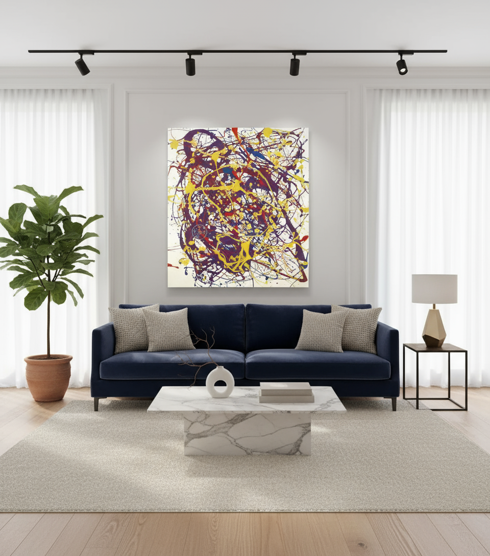 Modern living room with a blue sofa, abstract painting, and marble coffee table.