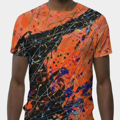 Mannequin wearing a colorful abstract patterned t-shirt with orange, black, blue, and yellow colors.