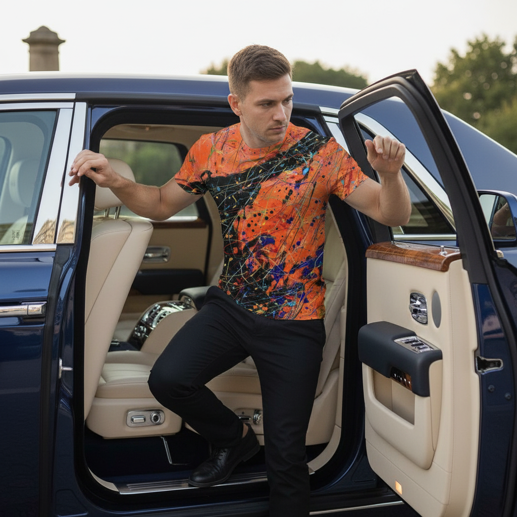 Man in an orange and black shirt getting out of a luxury car