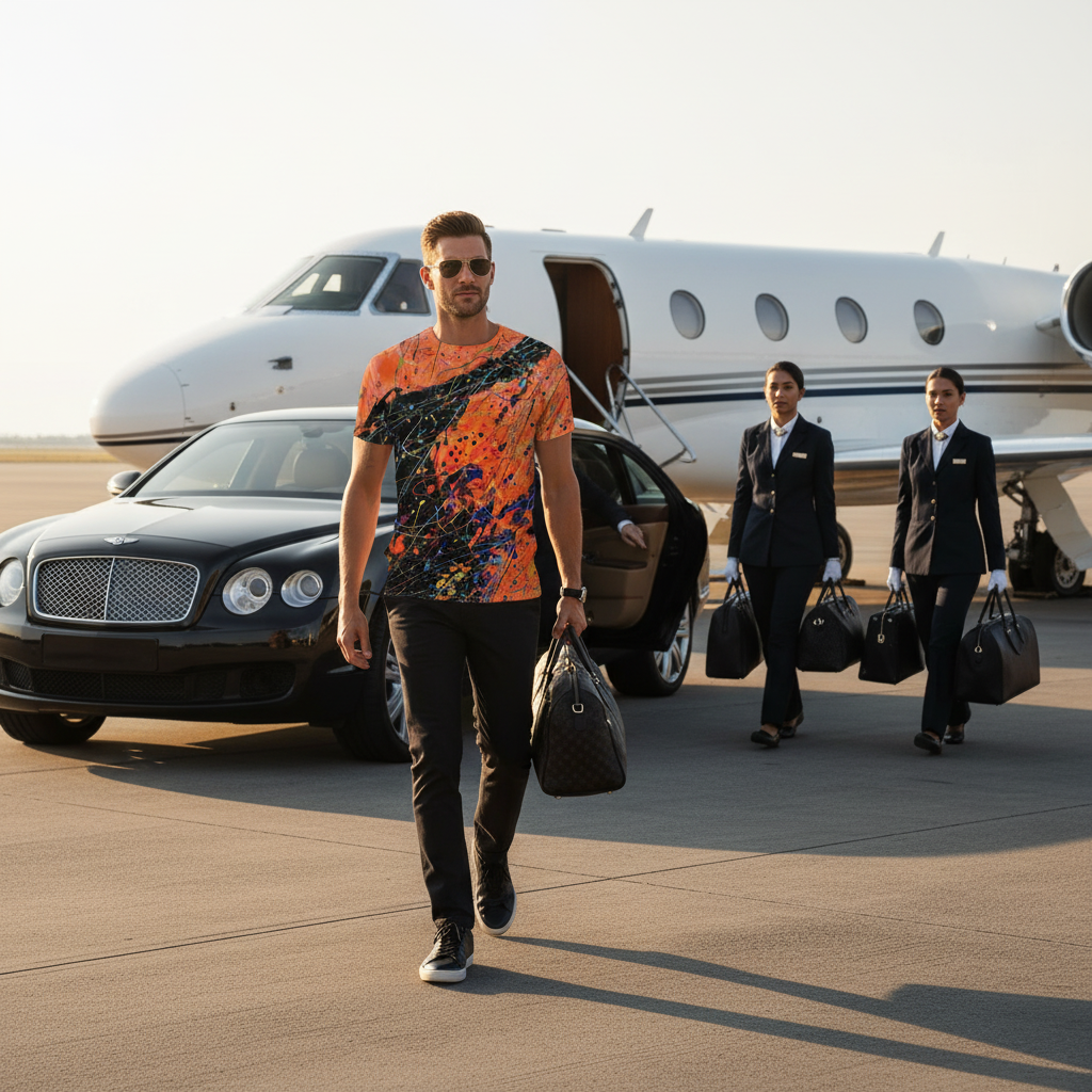 Man walking on a tarmac with a private jet and Bentley car in the background