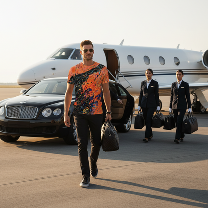 Man walking on a tarmac with a private jet and Bentley car in the background