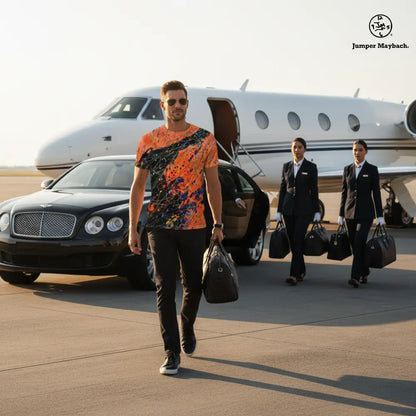 Man walking on a tarmac with a private jet and Bentley car in the background