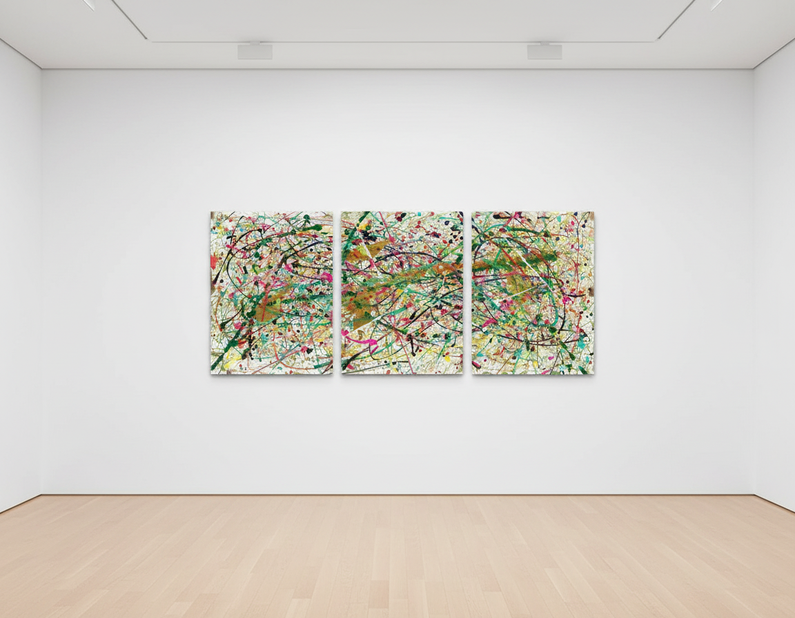 Three abstract paintings on a white wall in an art gallery.