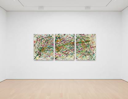 Three abstract paintings on a white wall in an art gallery.