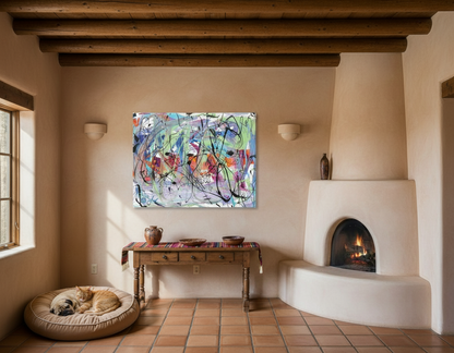 Living room with a fireplace, abstract painting, and dog bed.