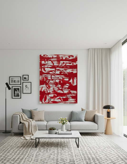 Modern living room with a gray sofa, red abstract painting, and decorative items.
