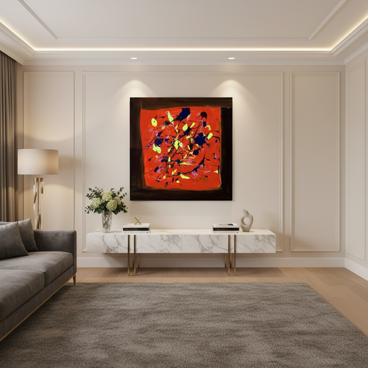 Modern living room with abstract artwork on the wall, gray sofa, and marble console table.