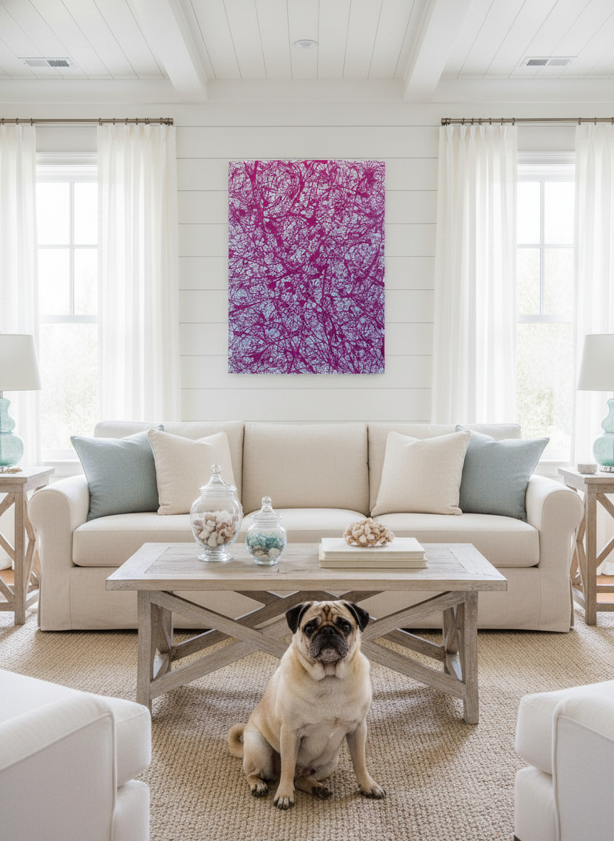 Living room with a beige sectional sofa, coffee table, and a dog sitting in front.