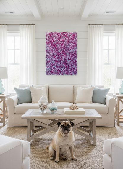 Living room with a beige sectional sofa, coffee table, and a dog sitting in front.