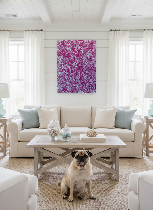 Living room with a beige sectional sofa, coffee table, and a dog sitting in front.