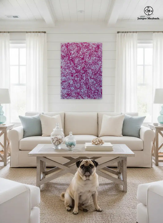 Living room with a beige sectional sofa, coffee table, and a dog sitting in front.