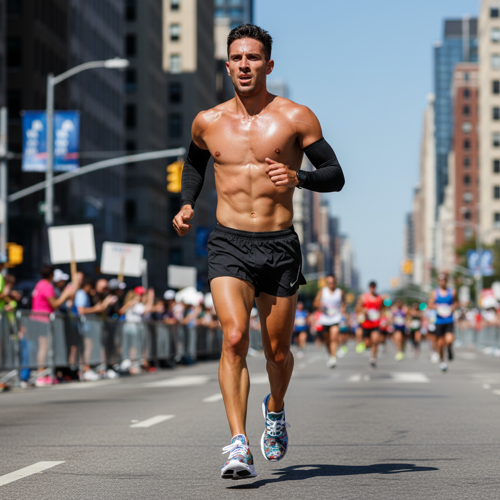 Man running in a city street with other runners and spectators in the background