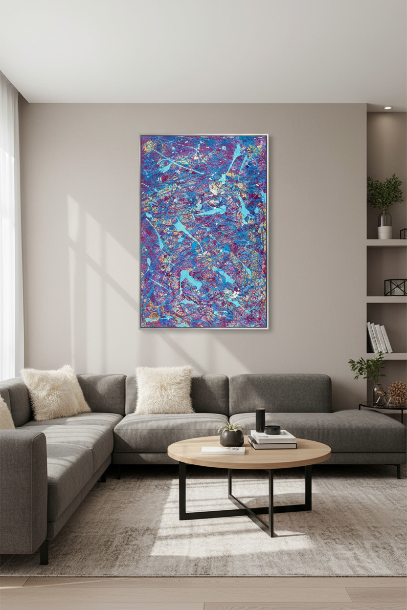 Modern living room with a gray sectional sofa, round wooden coffee table, and colorful abstract painting on the wall.