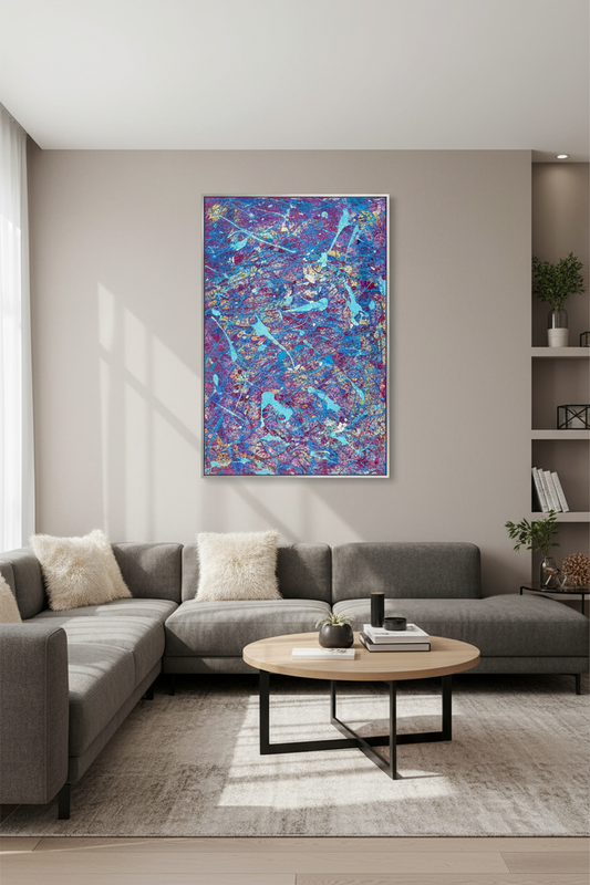 Modern living room with a gray sectional sofa, round wooden coffee table, and colorful abstract painting on the wall.