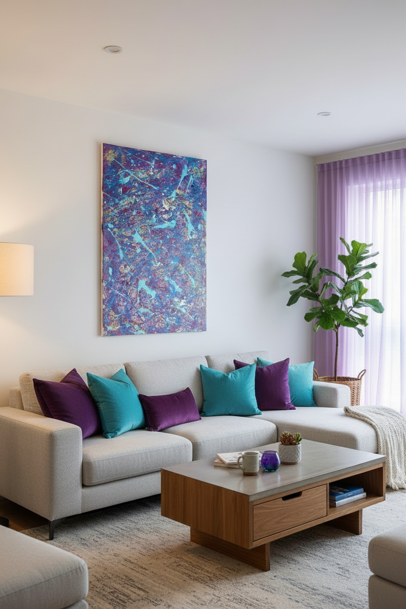 Modern living room with a sofa, coffee table, and abstract painting on the wall.