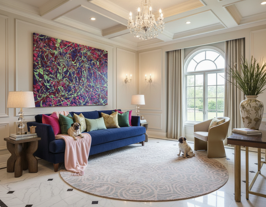 Living room with a blue sofa, colorful tapestry, and decorative elements.