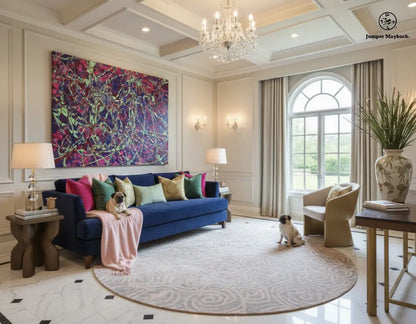 Living room with a blue sofa, colorful tapestry, and decorative elements.