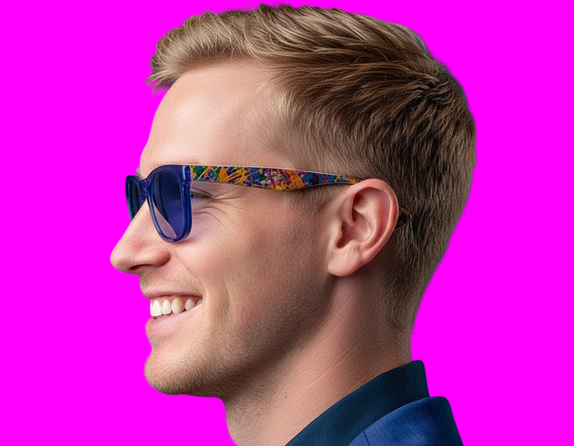 Man wearing colorful sunglasses with a blue background