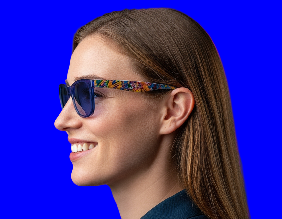 Woman wearing colorful sunglasses against a pink background