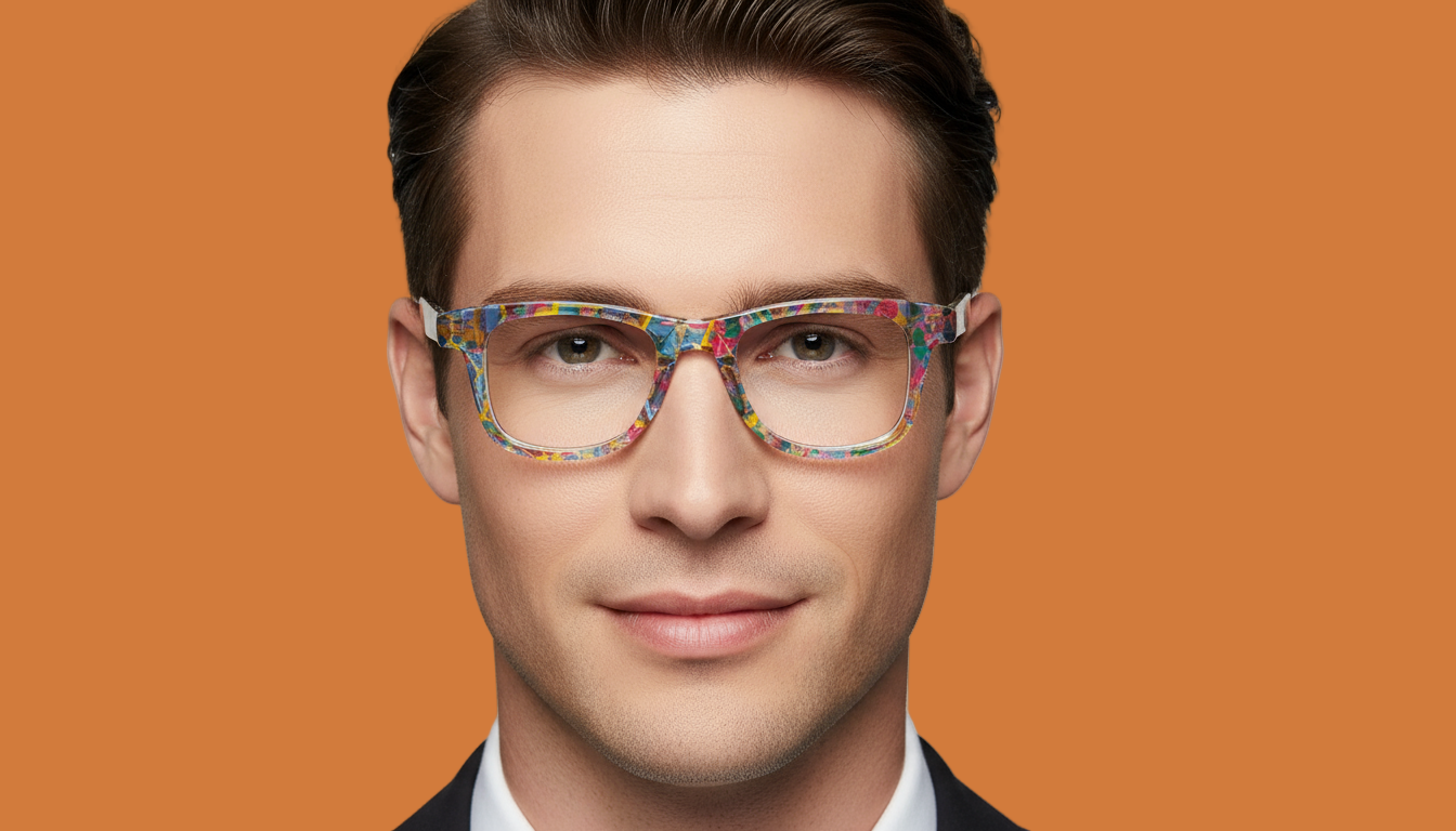 Man wearing colorful glasses against an orange background