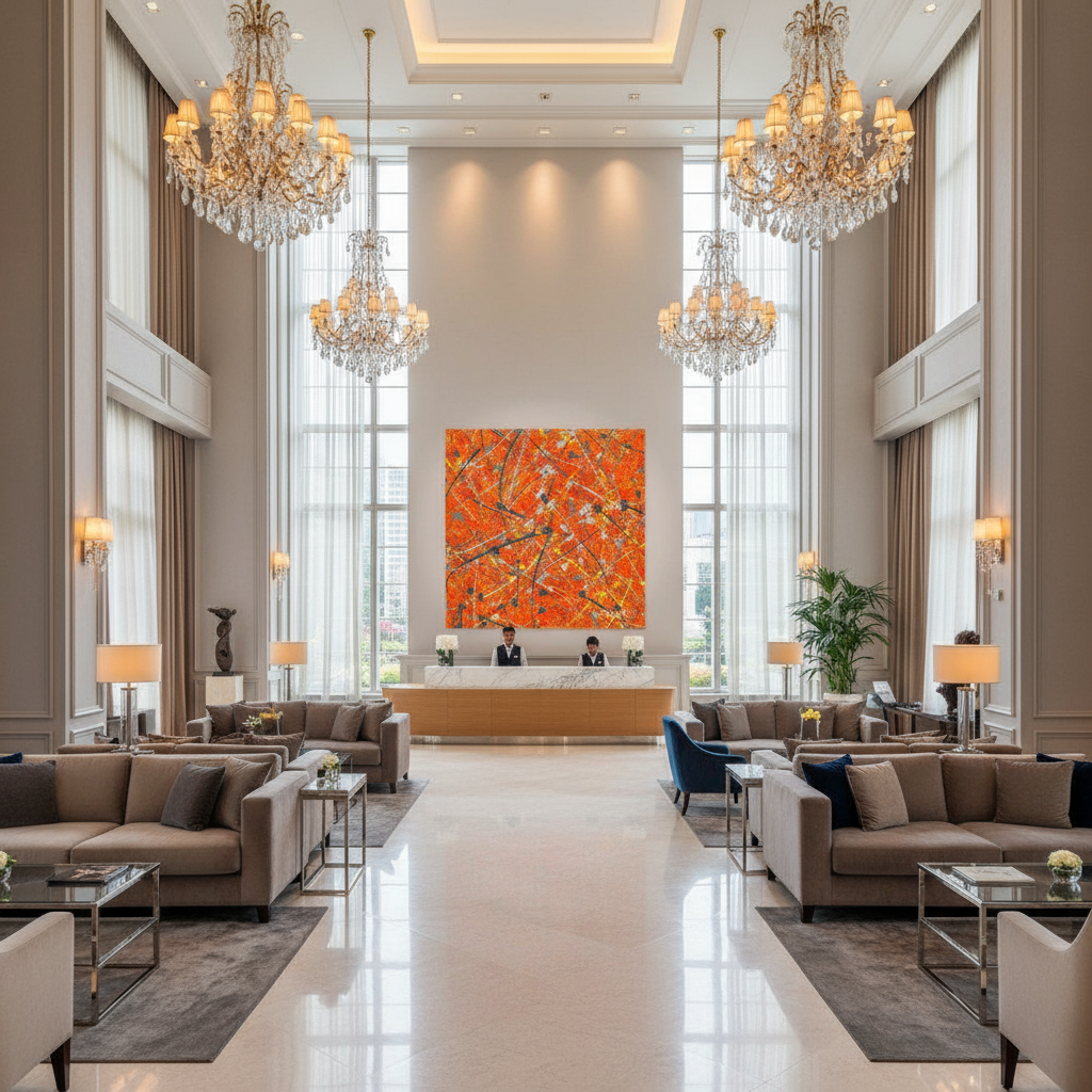 Luxurious hotel lobby with high ceilings, chandeliers, and a reception desk.